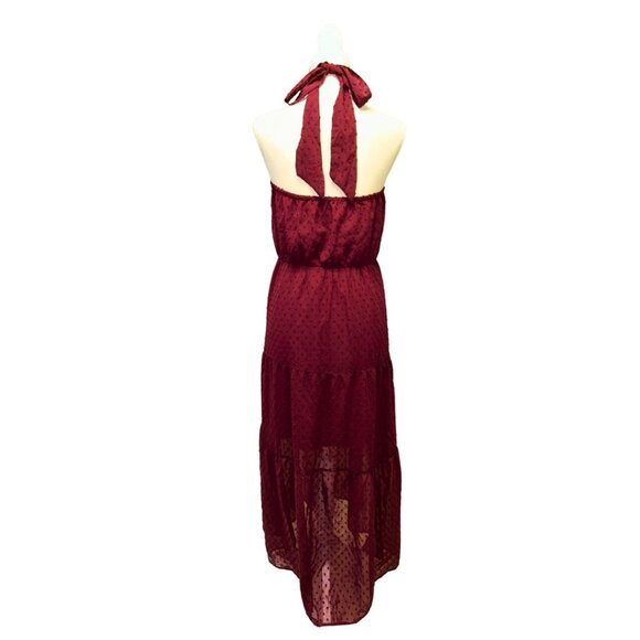 NWT Elegant Burgundy Halter Maxi Dress Tiered Semi-Sheer Perfect Evening Large - Picture 7 of 16